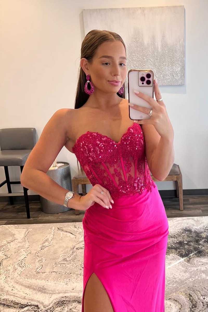 Ember | Sweetheart Corset Lace Hot Pink Long Prom Dress with Slit - prom dress - DYAVOR®
