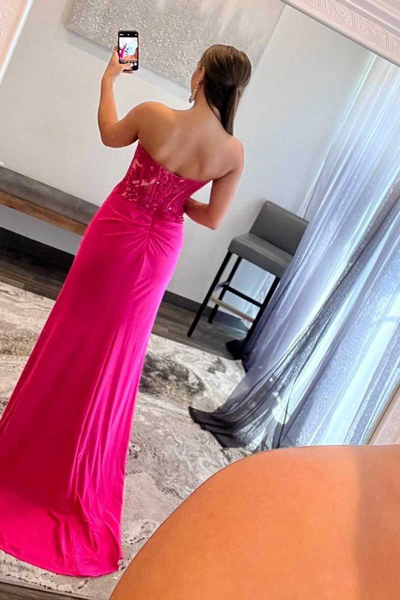 Ember | Sweetheart Corset Lace Hot Pink Long Prom Dress with Slit - prom dress - DYAVOR®