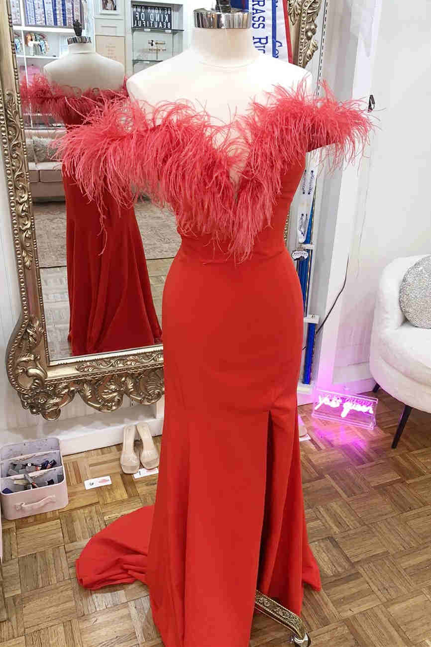 Vera | Plunging Neck Red Feather Long Formal Dress with Slit - Prom Dress - DYAVOR®
