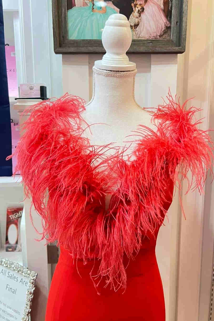Vera | Plunging Neck Red Feather Long Formal Dress with Slit - Prom Dress - DYAVOR®