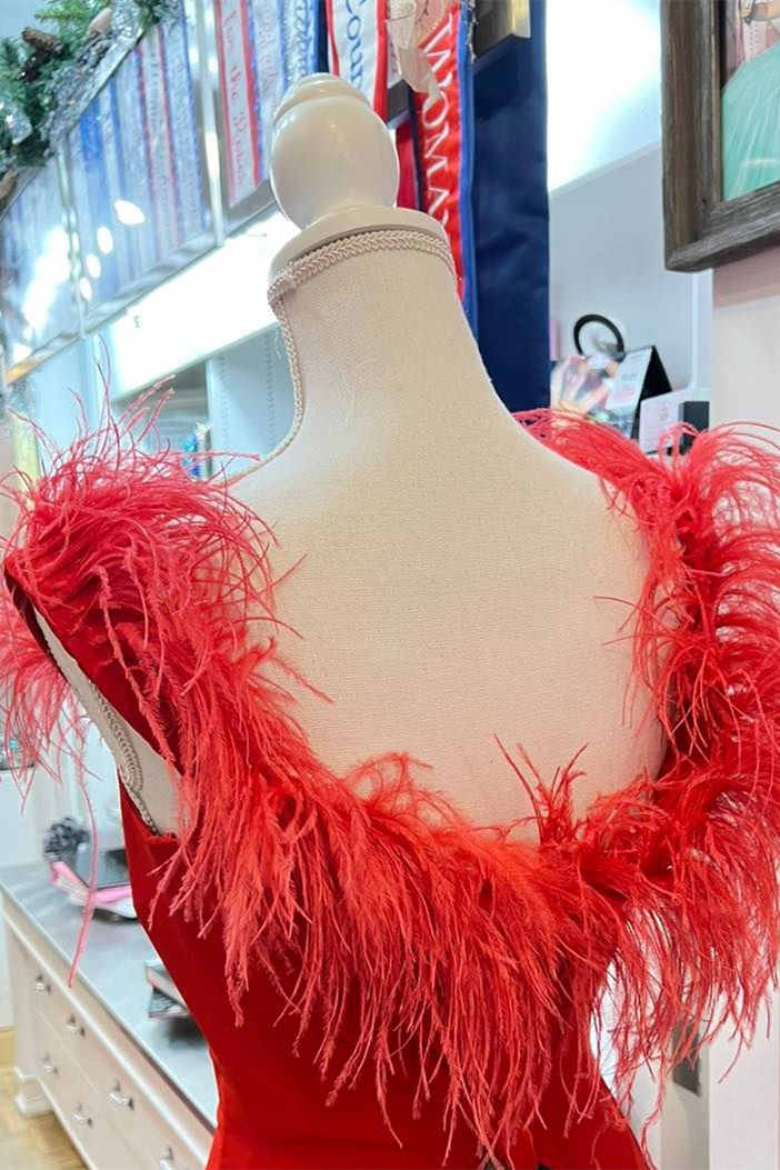 Vera | Plunging Neck Red Feather Long Formal Dress with Slit - Prom Dress - DYAVOR®