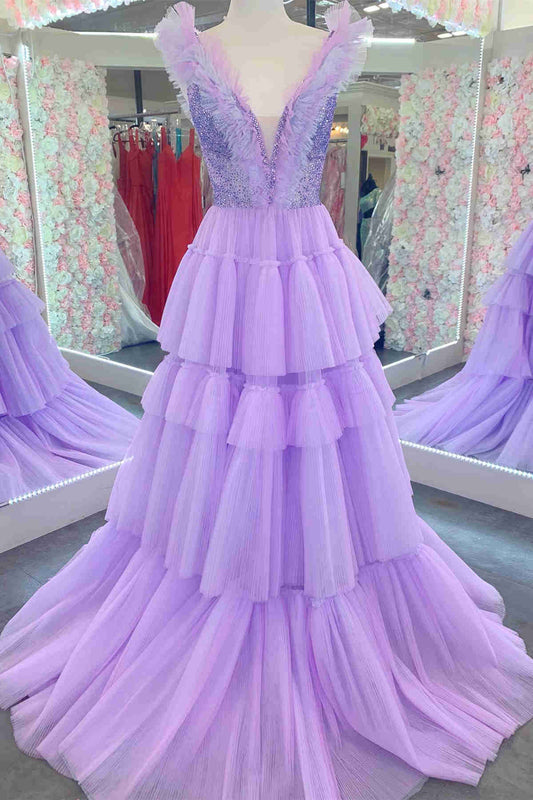Stacy | Sequin Top Lavender Tiered Tulle Long Formal Dress - Prom Dress - DYAVOR®