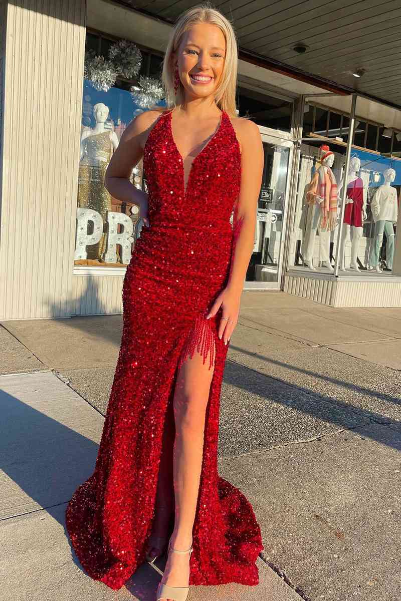 Red Halter Sequins Long Prom Dress with Tassel - prom dress - DYAVOR®