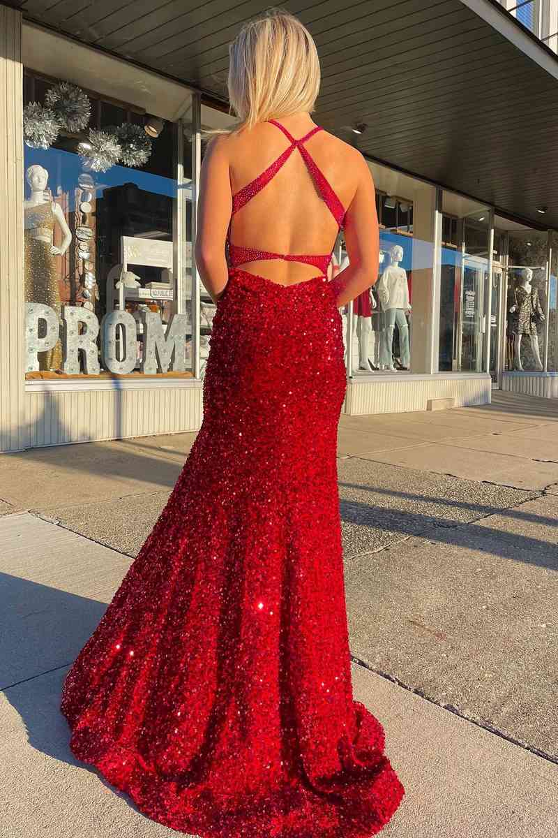 Red Halter Sequins Long Prom Dress with Tassel - prom dress - DYAVOR®