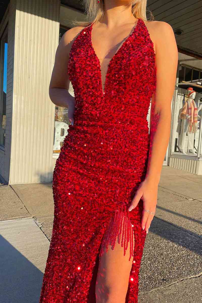 Red Halter Sequins Long Prom Dress with Tassel - prom dress - DYAVOR®