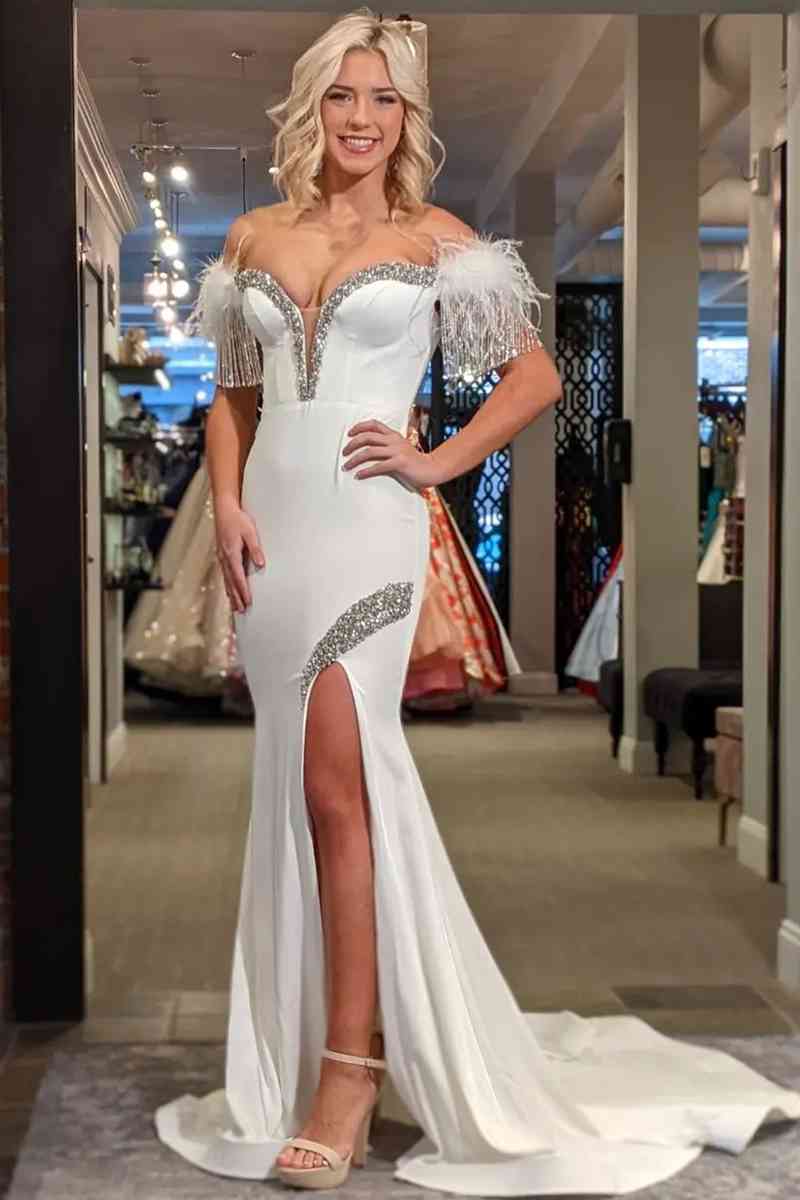 White Off-the-Shoulder Tassel Mermaid Prom Dress with Slit - prom dress - DYAVOR®