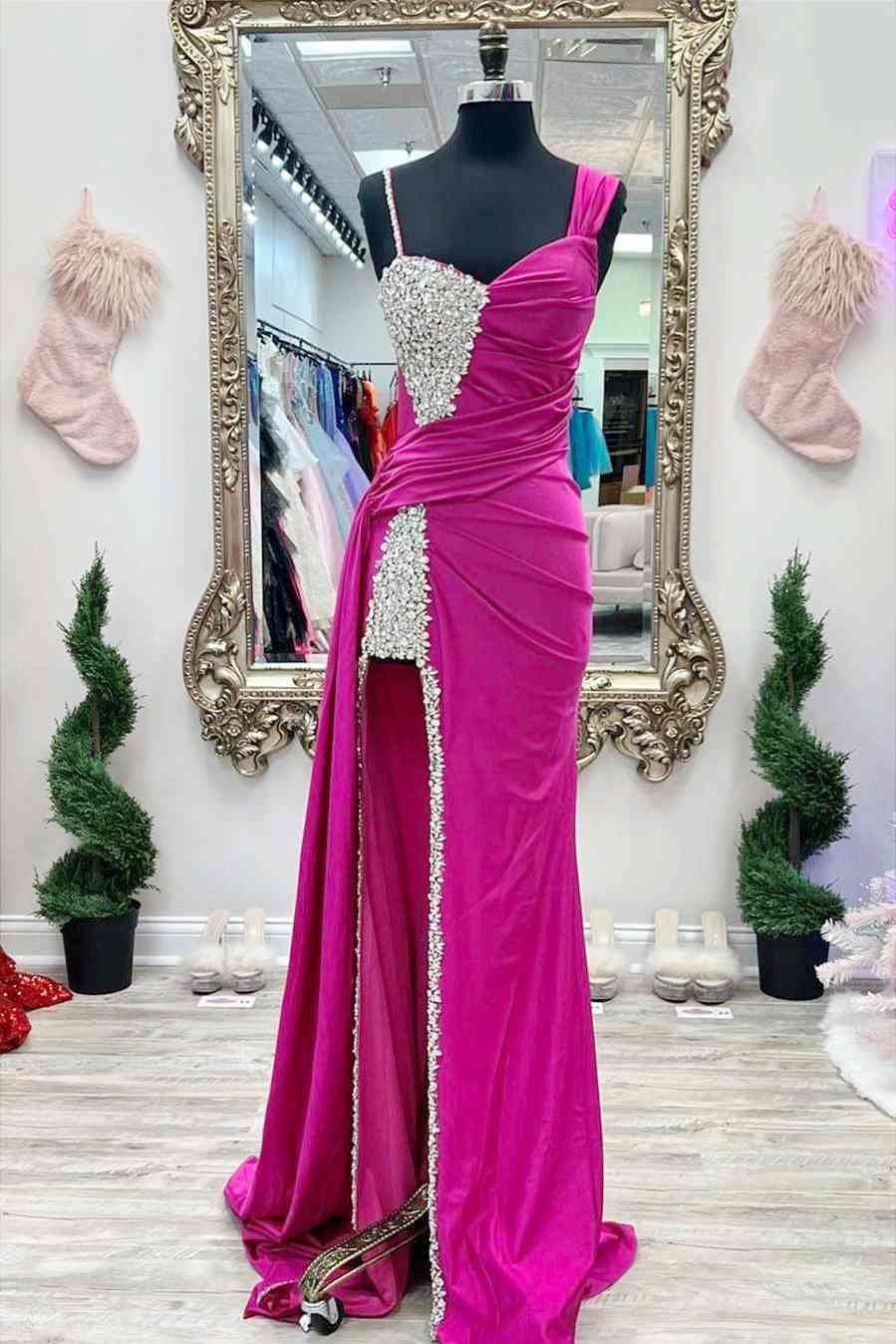 Kaydence | Chic Asymmertrical Fuchsia Beaded Long Porm Dress - Prom Dress - DYAVOR®