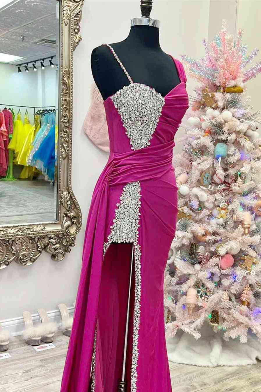 Kaydence | Chic Asymmertrical Fuchsia Beaded Long Porm Dress - Prom Dress - DYAVOR®