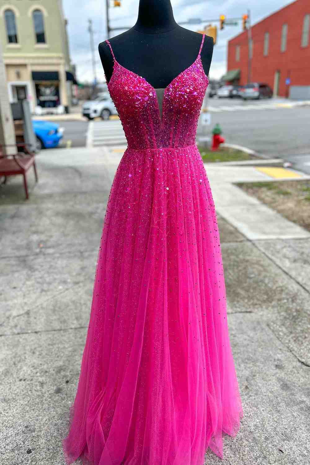 Emmalyn | Straps Neon Pink Beaded A-Line Long Formal Dress - Prom Dress - DYAVOR®