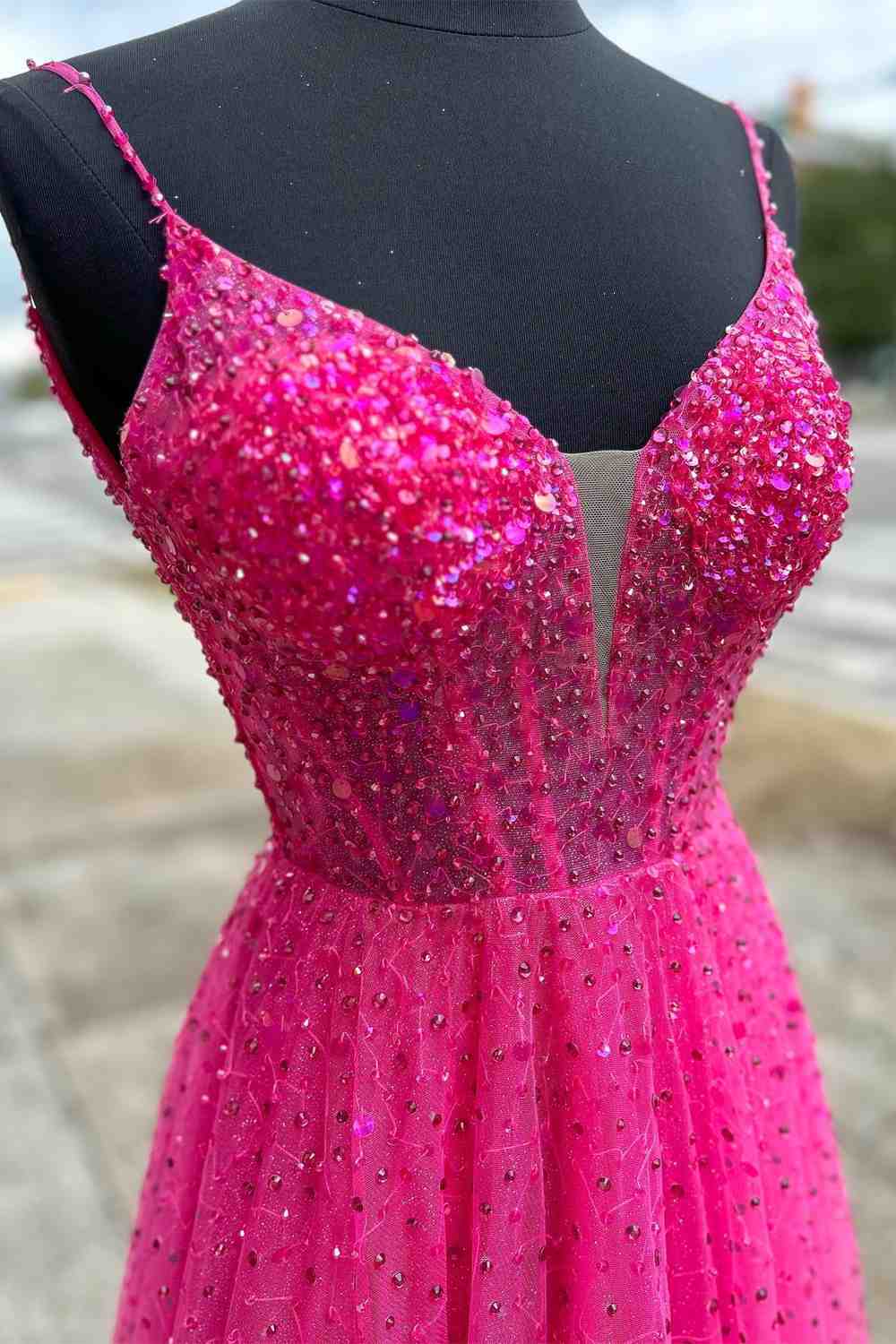 Emmalyn | Straps Neon Pink Beaded A-Line Long Formal Dress - Prom Dress - DYAVOR®