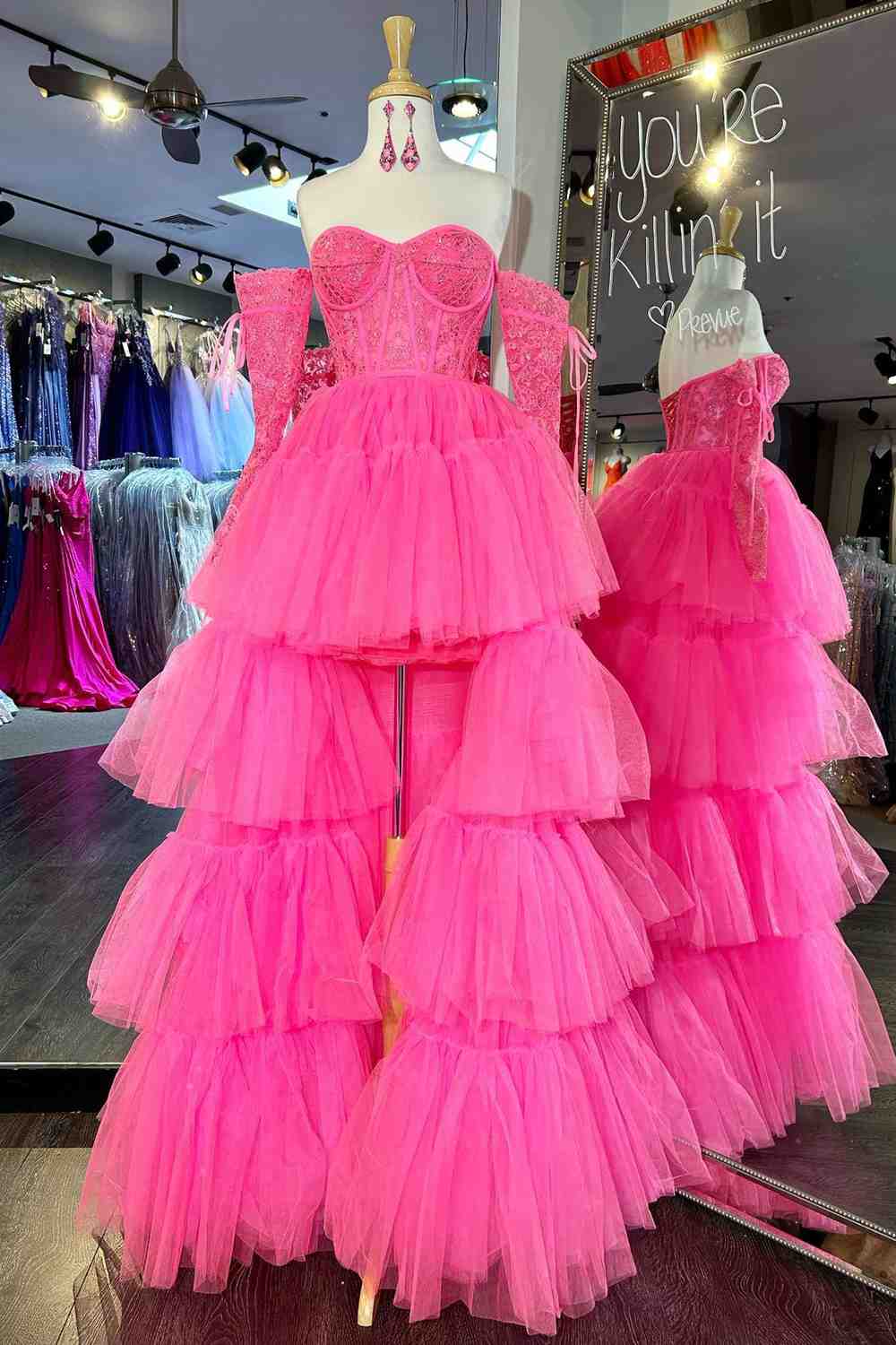 Sue | Hot Pink Off-Shoulder A-line Tulle Layers Applique Hi-Low Prom Dress - Prom Dress - DYAVOR®