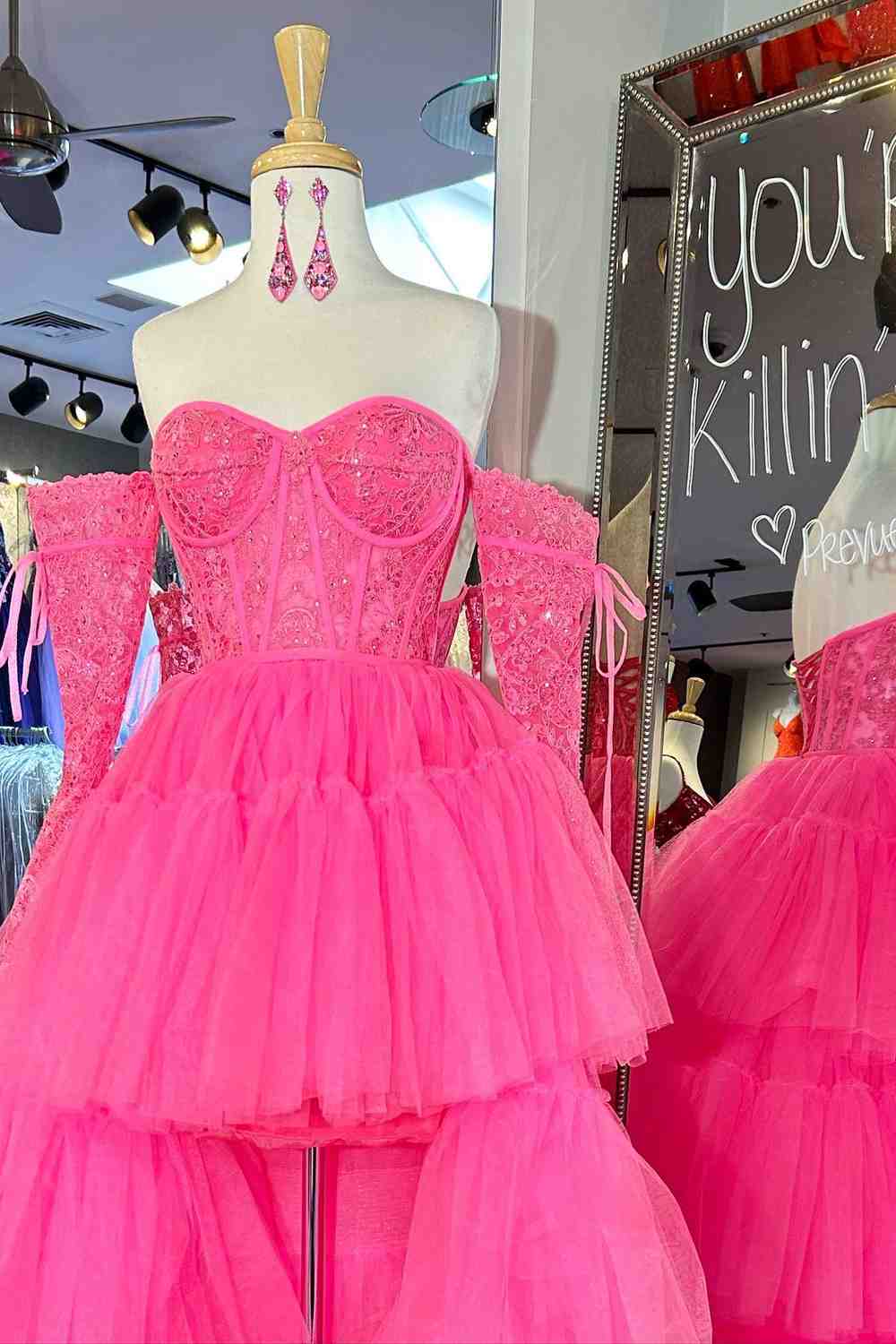 Sue | Hot Pink Off-Shoulder A-line Tulle Layers Applique Hi-Low Prom Dress - Prom Dress - DYAVOR®