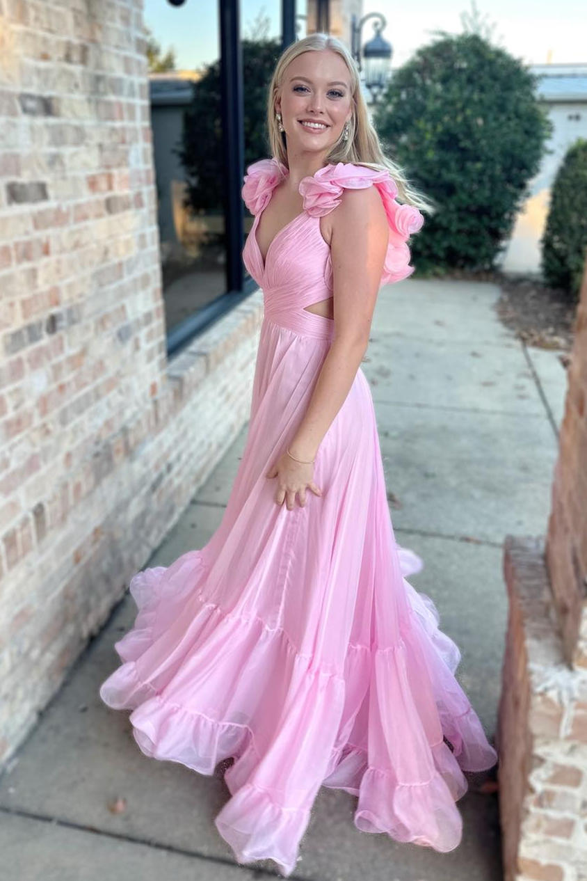 Aadhya | Lace-Up Fuchsia V-Neck Ruffle Pleated Long Prom Dress - Prom Dress - DYAVOR®
