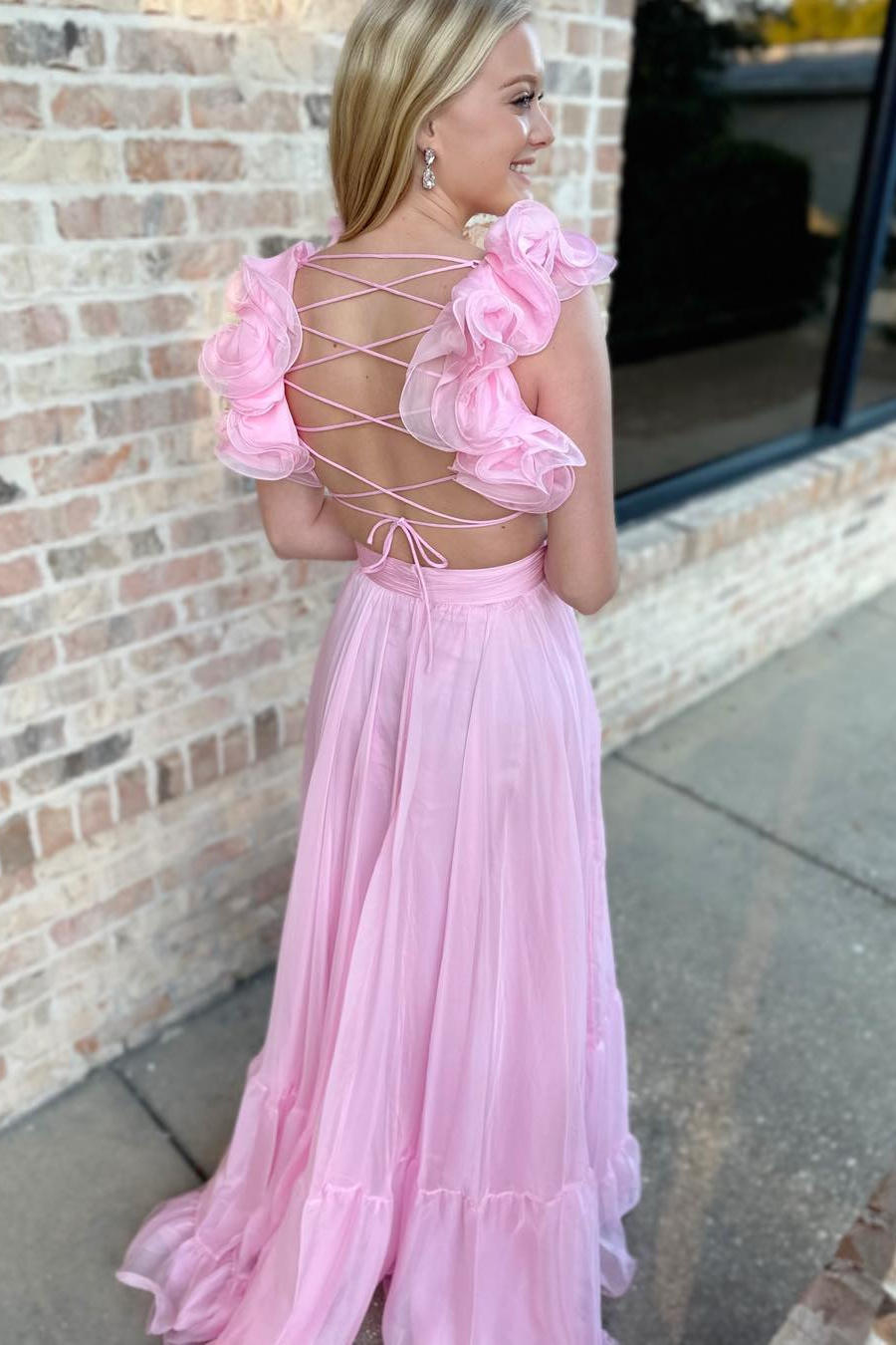 Aadhya | Lace-Up Fuchsia V-Neck Ruffle Pleated Long Prom Dress - Prom Dress - DYAVOR®