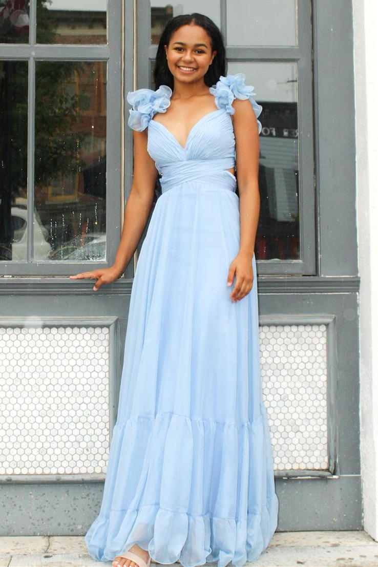 Aadhya | Lace-Up Fuchsia V-Neck Ruffle Pleated Long Prom Dress - Prom Dress - DYAVOR®