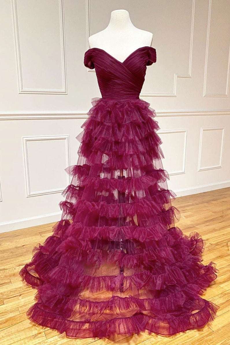 Fallon | Off the Shoulder Dark Berry Pleated Sheer Tiered Prom Dress - Prom Dresses - DYAVOR®