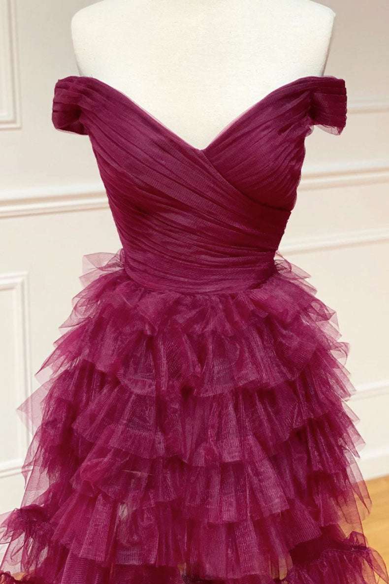Fallon | Off the Shoulder Dark Berry Pleated Sheer Tiered Prom Dress - Prom Dresses - DYAVOR®