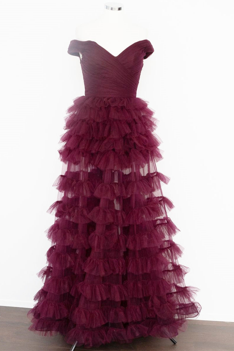 Fallon | Off the Shoulder Dark Berry Pleated Sheer Tiered Prom Dress - Prom Dresses - DYAVOR®