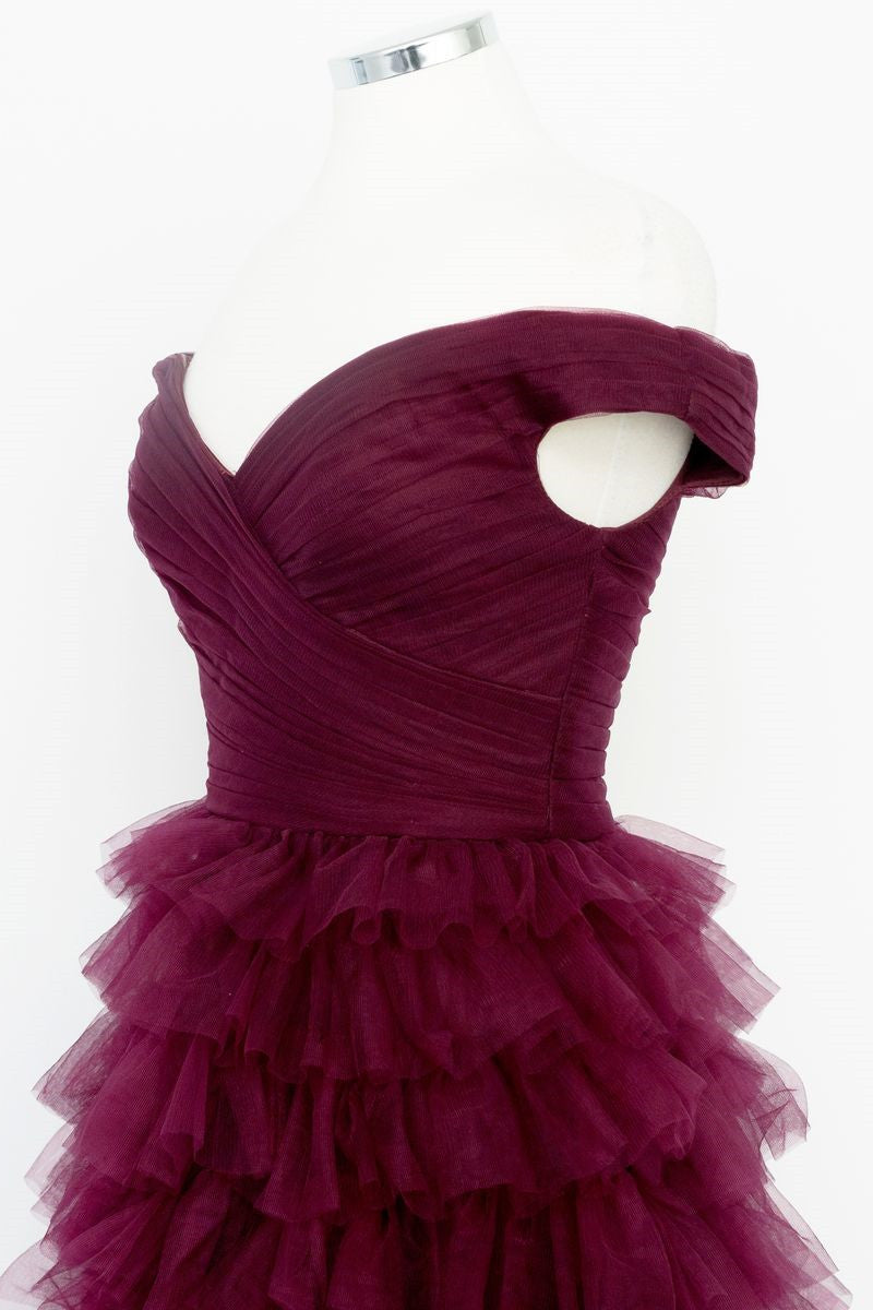 Fallon | Off the Shoulder Dark Berry Pleated Sheer Tiered Prom Dress - Prom Dresses - DYAVOR®