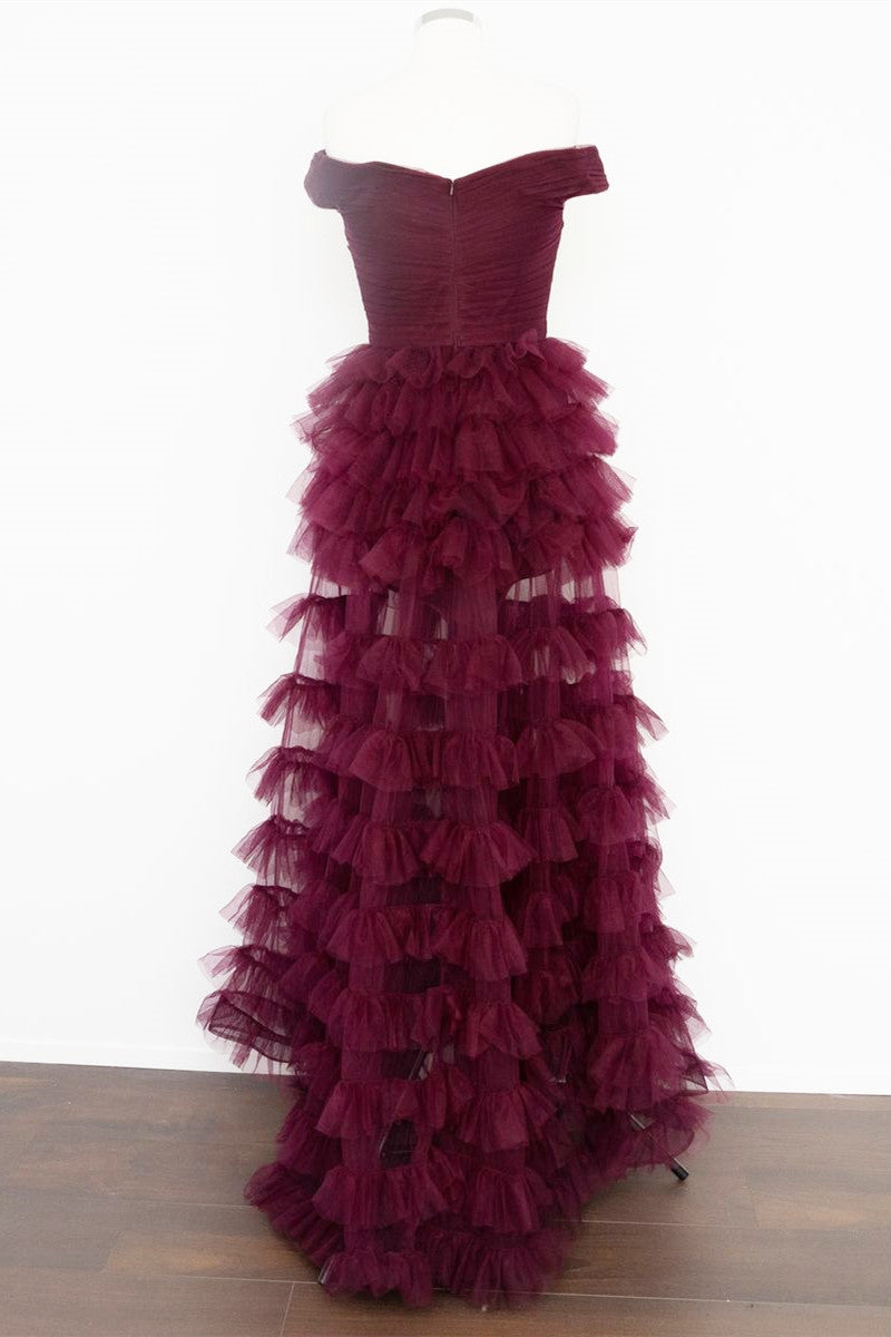 Fallon | Off the Shoulder Dark Berry Pleated Sheer Tiered Prom Dress - Prom Dresses - DYAVOR®