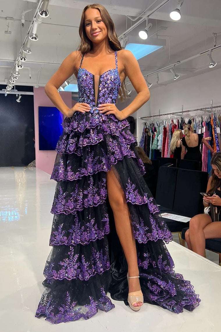 Martha | Straps Fuchsia Sequin Layered Formal Dress with Slit - Prom Dresses - DYAVOR®