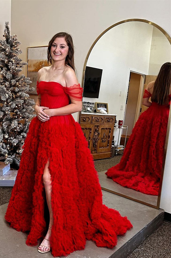 Kenia |A Line Off the Shoulder Ruffled Tulle Prom Dress with Slit - Prom Dress - DYAVOR®
