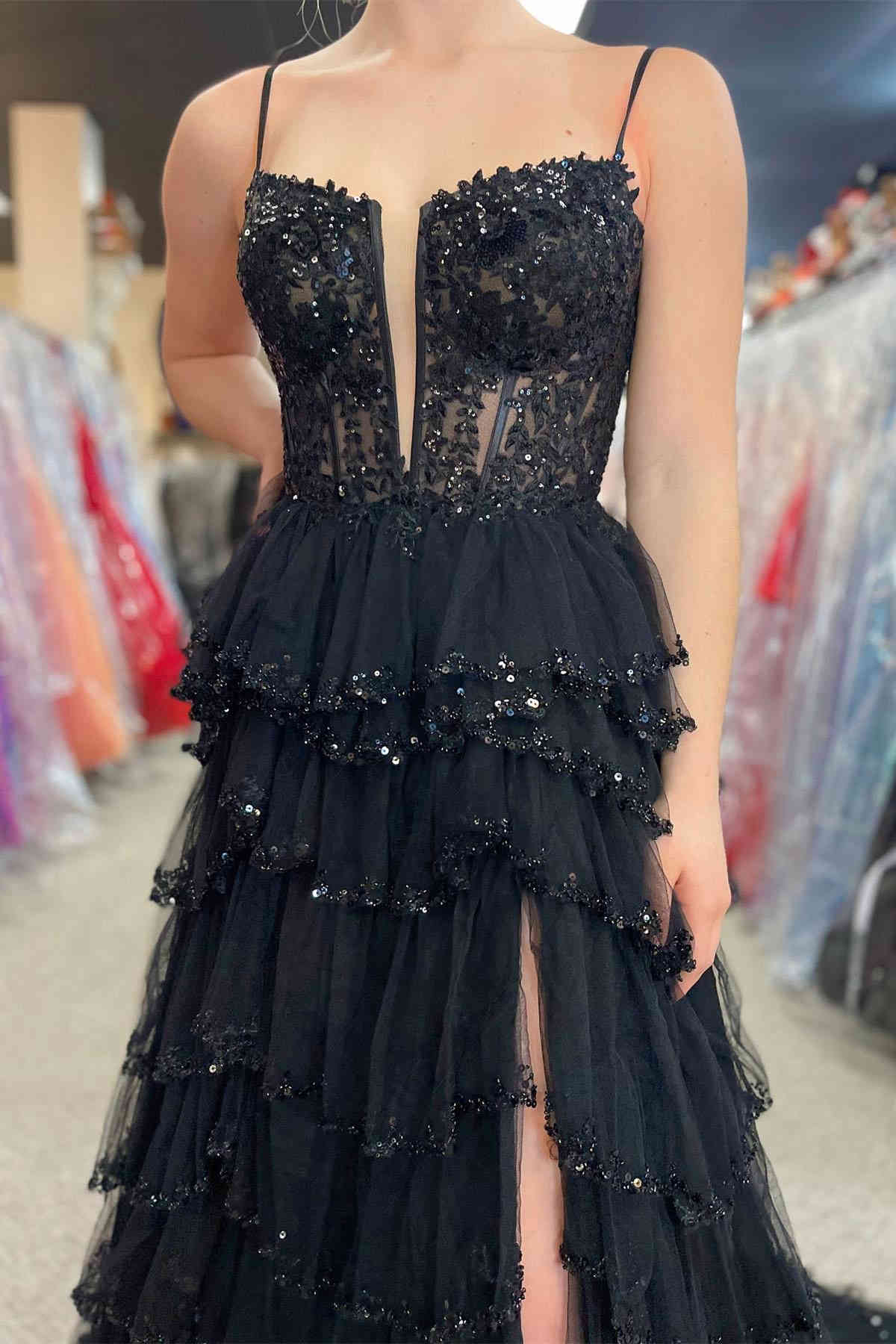 Abbie | Straps Black Mesh Cutout Sequined Layered Long Prom Dress - Prom Dresses - DYAVOR®