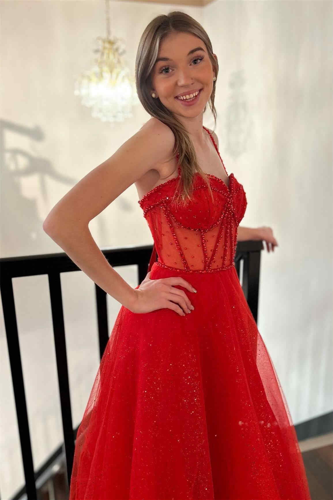 Patricia | Glitter Red Straos Beaded A-Line Formal Dress with Slit - Prom Dresses - DYAVOR®