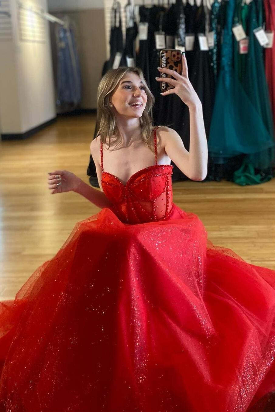 Patricia | Glitter Red Straos Beaded A-Line Formal Dress with Slit - Prom Dresses - DYAVOR®