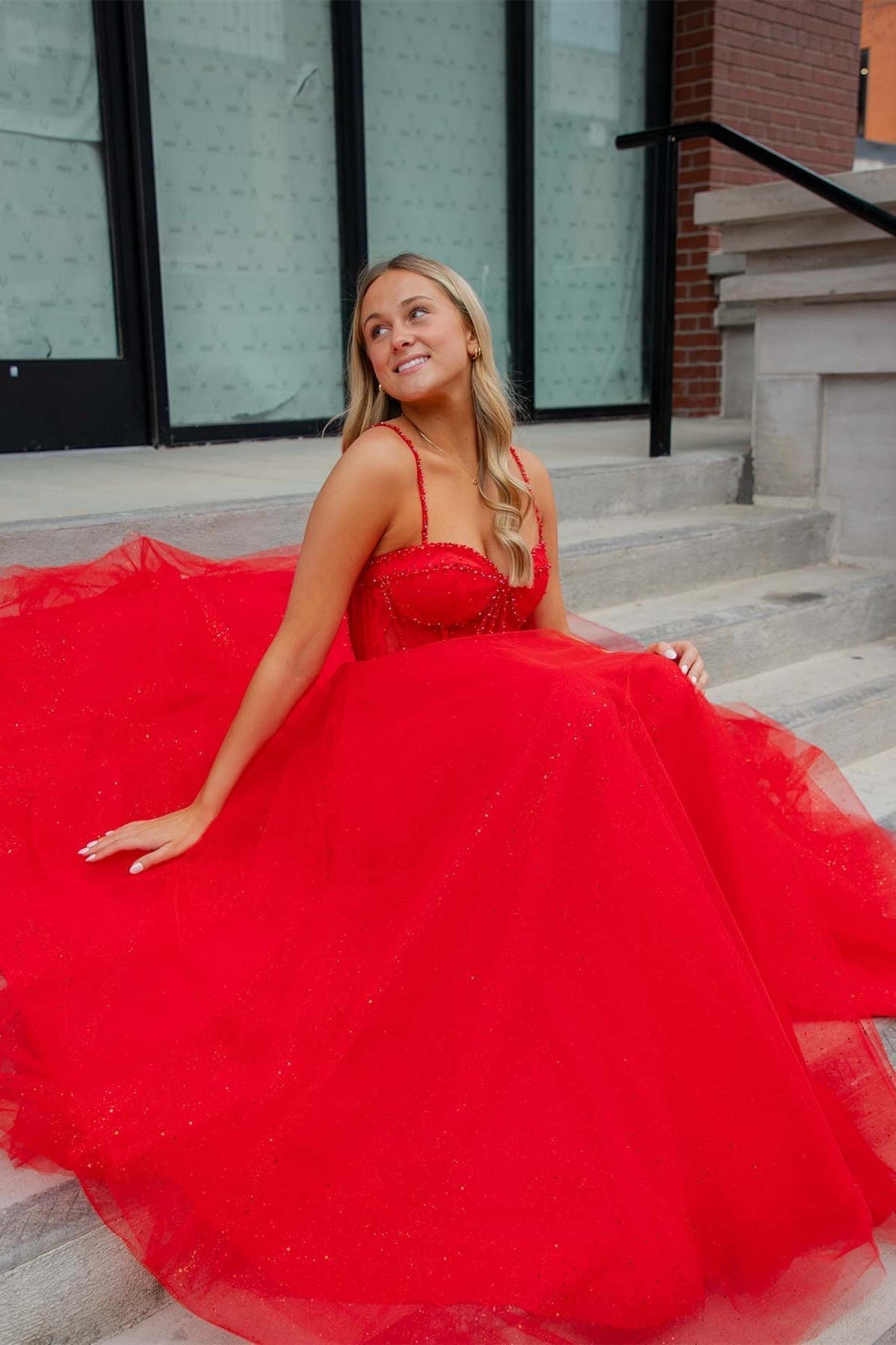 Patricia | Glitter Red Straos Beaded A-Line Formal Dress with Slit - Prom Dresses - DYAVOR®