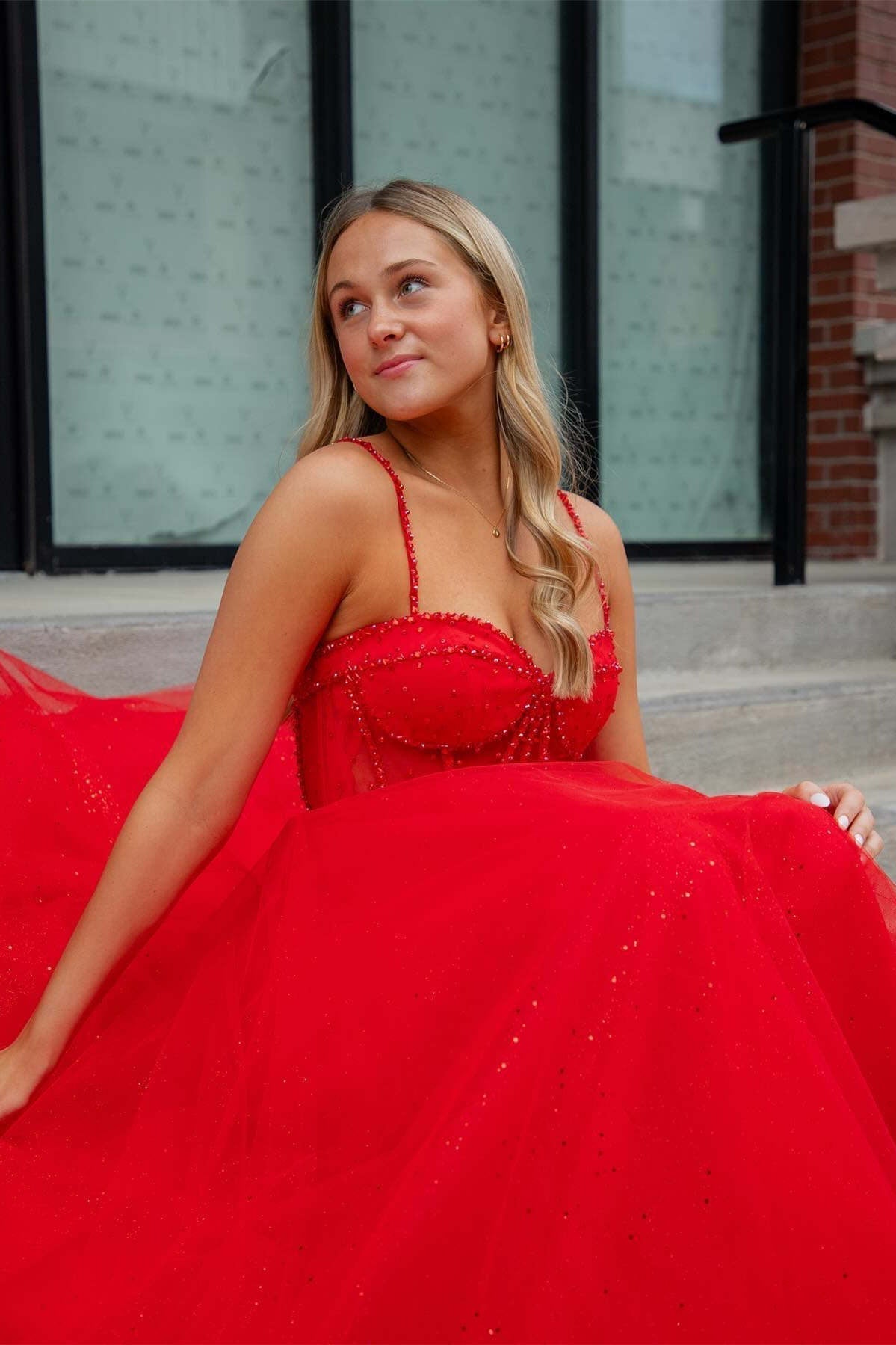 Patricia | Glitter Red Straos Beaded A-Line Formal Dress with Slit - Prom Dresses - DYAVOR®