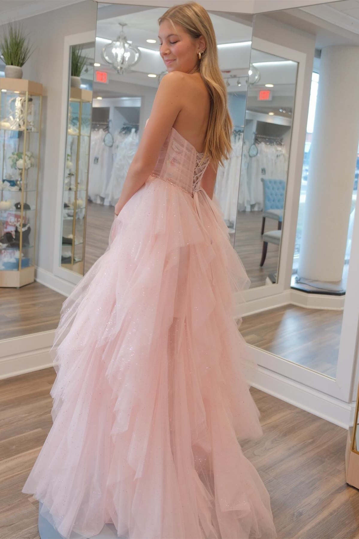 Patsy | Strapless Light Pink Sequin Beaded Ruffle Tulle Prom Dress - Prom Dresses - DYAVOR®