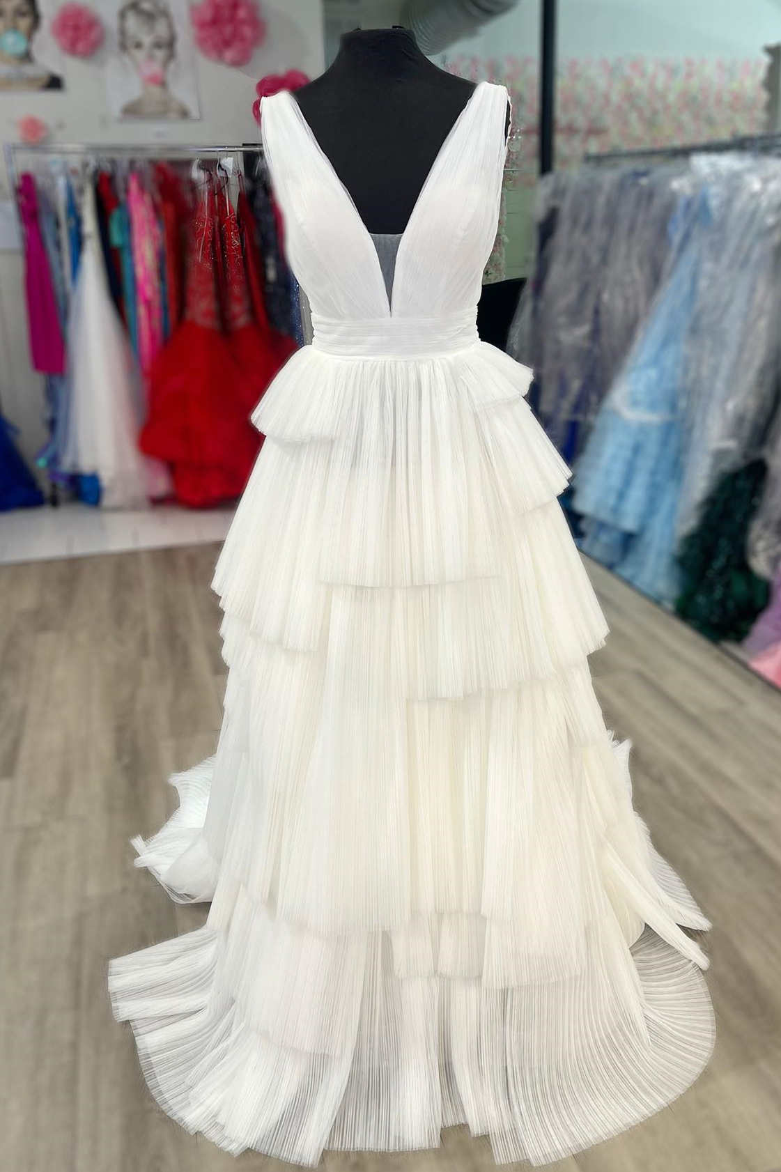Maya | White V-Neck Pleated Layered Long Formal Dress - Prom Dress - DYAVOR®