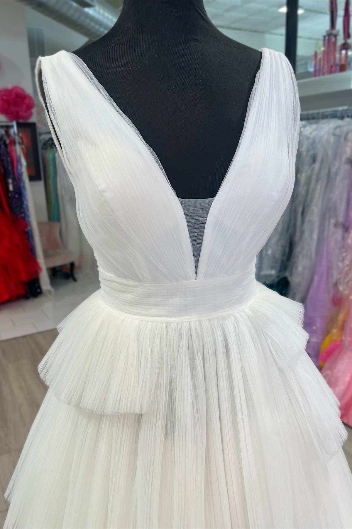 Maya | White V-Neck Pleated Layered Long Formal Dress - Prom Dress - DYAVOR®