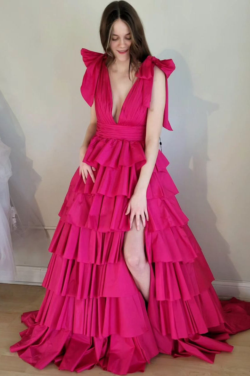 Renee | Plunging V-Neck Fuchsia Bow Straps Ruffle Ball Gown - Prom Dresses - DYAVOR®
