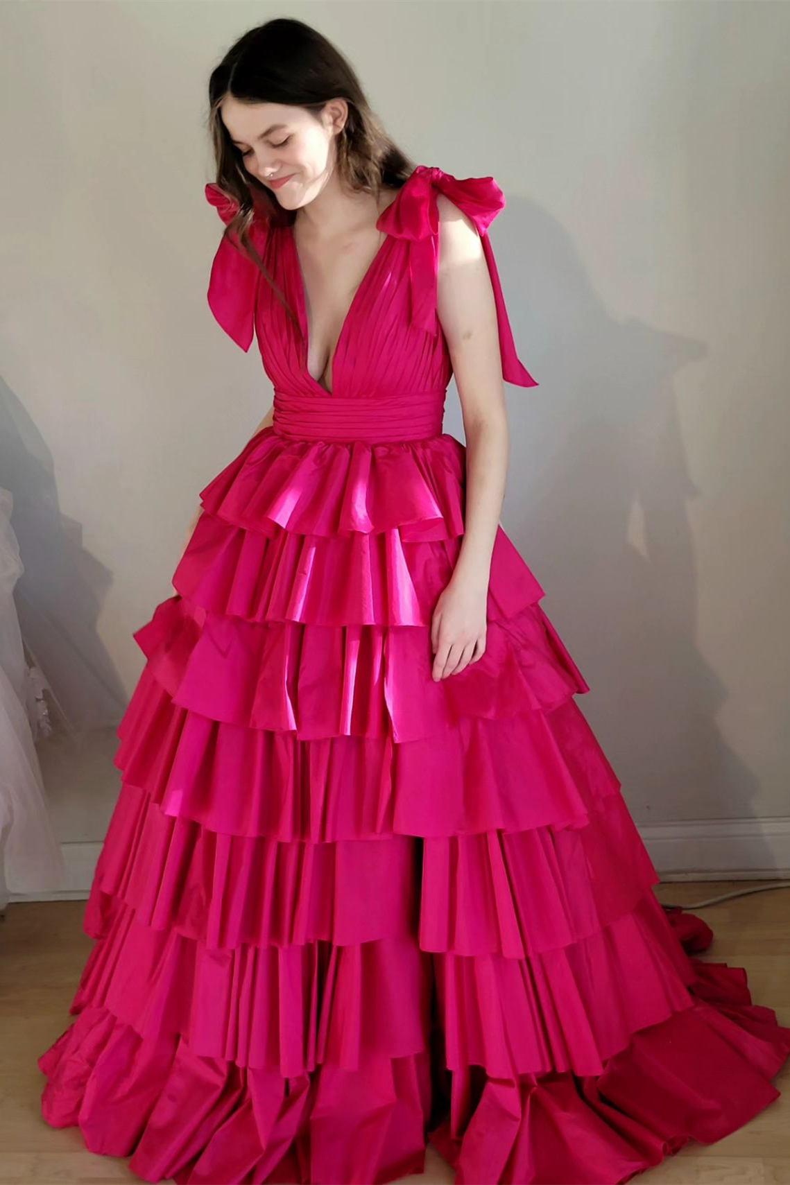 Renee | Plunging V-Neck Fuchsia Bow Straps Ruffle Ball Gown - Prom Dresses - DYAVOR®