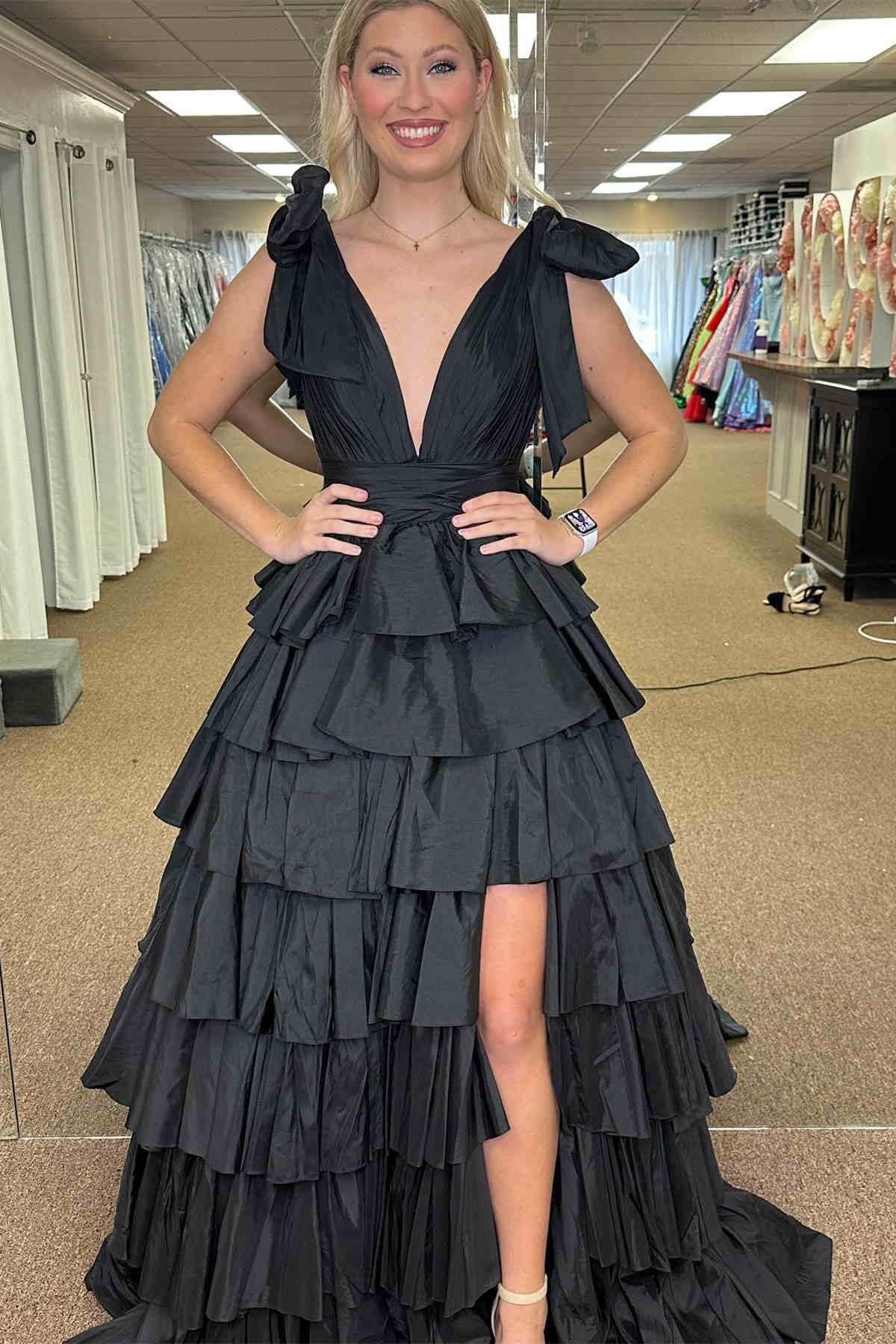 Renee | Plunging V-Neck Fuchsia Bow Straps Ruffle Ball Gown - Prom Dresses - DYAVOR®