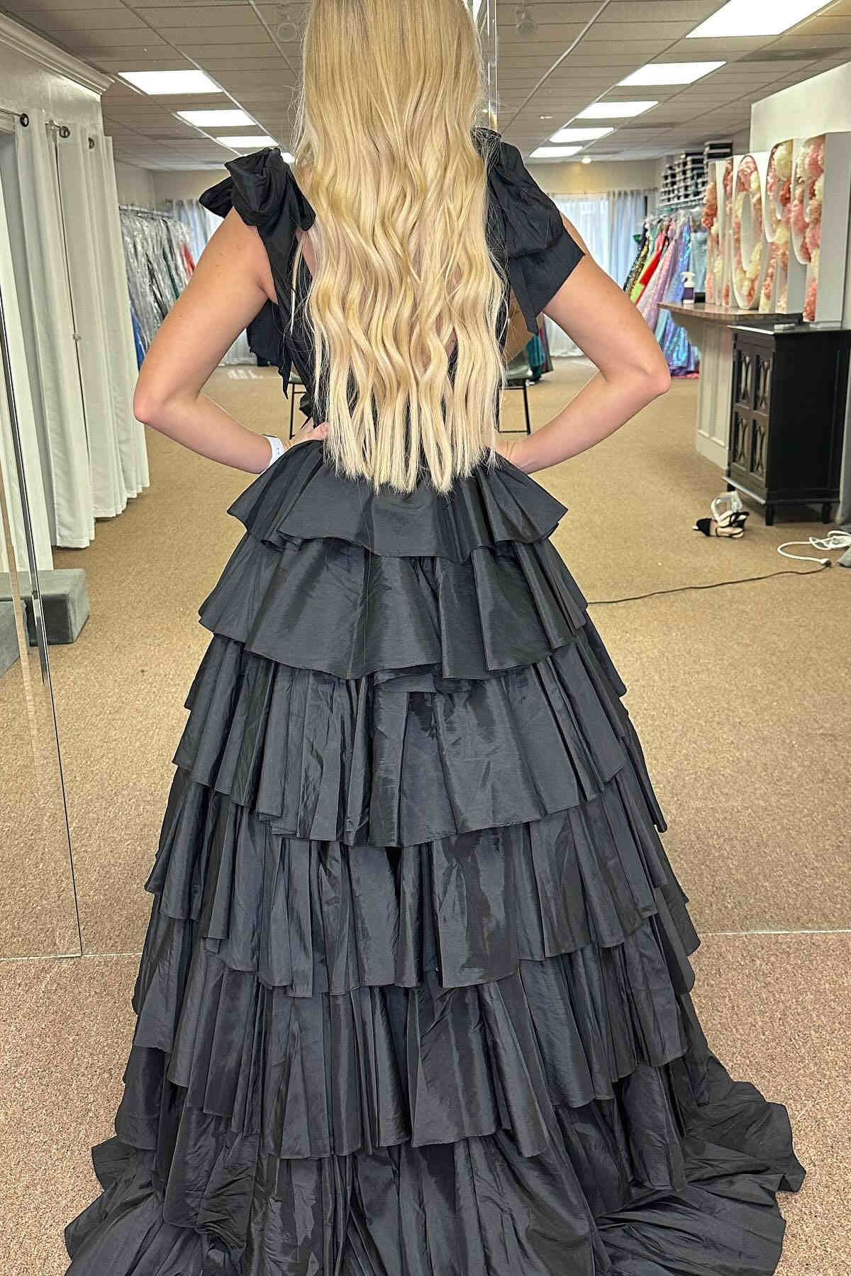 Renee | Plunging V-Neck Fuchsia Bow Straps Ruffle Ball Gown - Prom Dresses - DYAVOR®