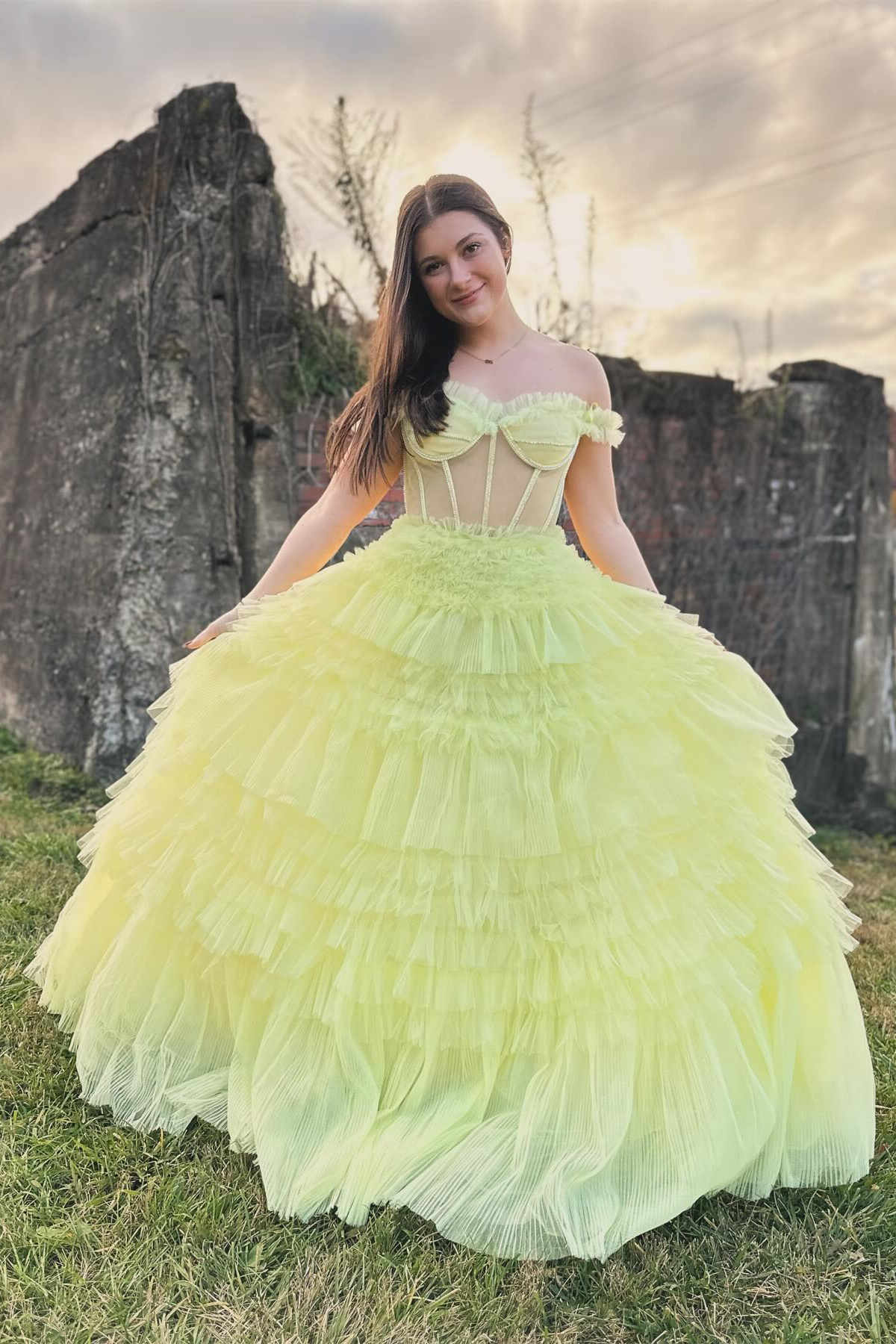 Martina | Off the Shoulder Light Yellow Ruffle Layered Prom Dress - Prom Dress - DYAVOR®