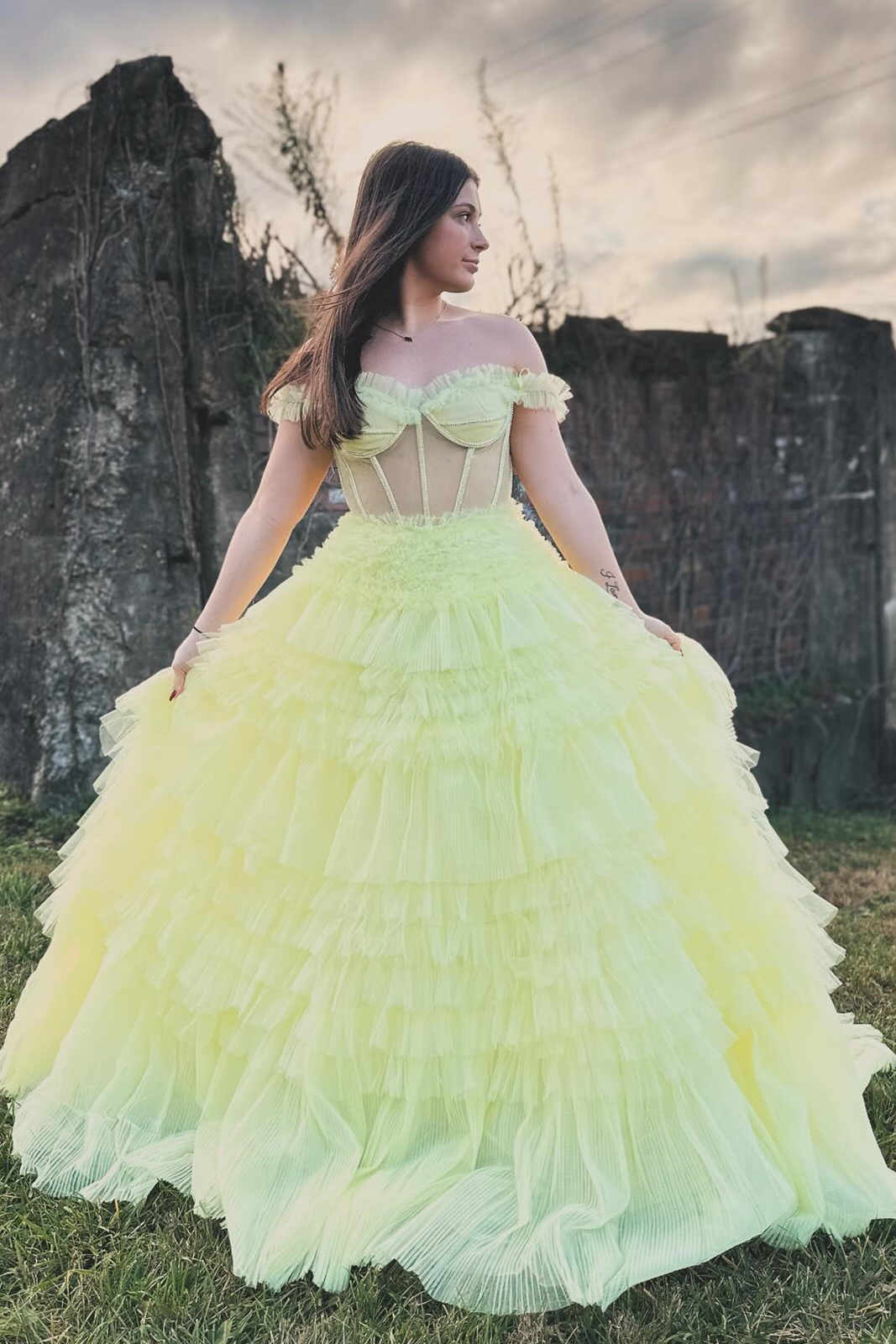 Martina | Off the Shoulder Light Yellow Ruffle Layered Prom Dress - Prom Dress - DYAVOR®