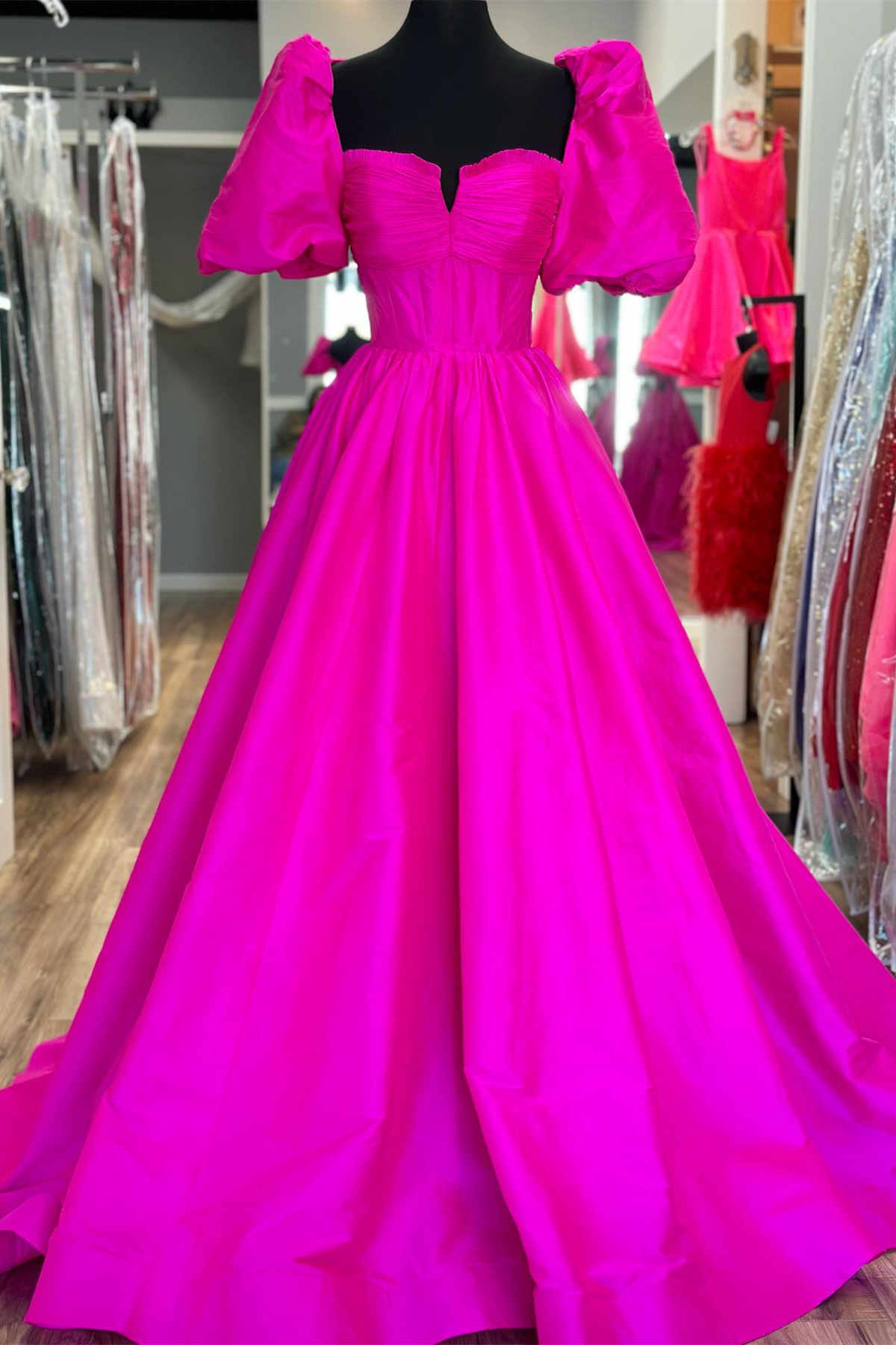 Lynette | Square Neck Fuchsia Puff Sleeves A-Line Prom Dress - Prom Dress - DYAVOR®