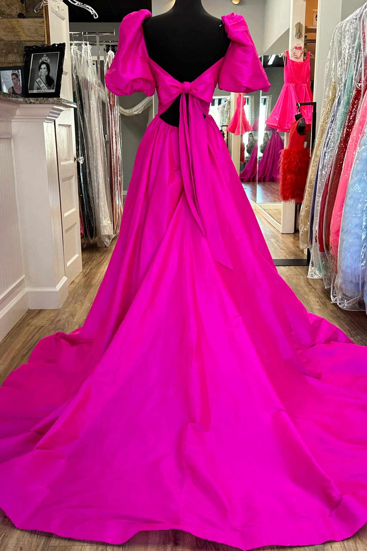 Lynette | Square Neck Fuchsia Puff Sleeves A-Line Prom Dress - Prom Dress - DYAVOR®