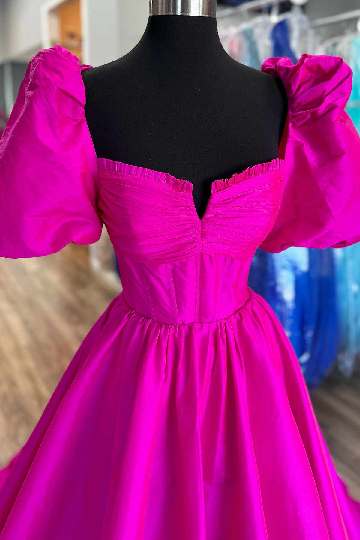Lynette | Square Neck Fuchsia Puff Sleeves A-Line Prom Dress - Prom Dress - DYAVOR®