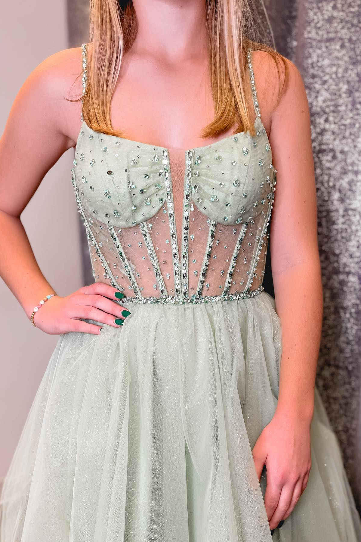 Madeline | Sage Green Straps Sequin Beaded A-Line Tulle Prom Dress - Prom Dress - DYAVOR®