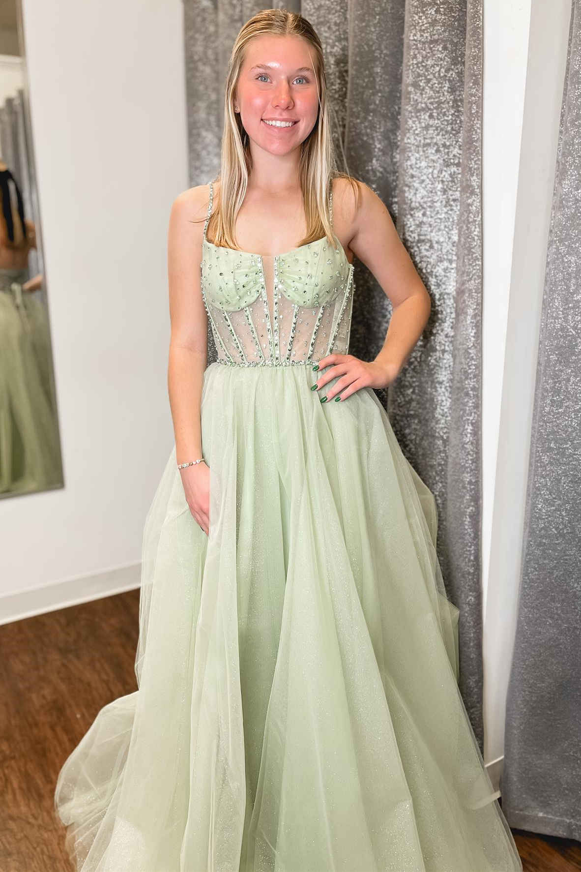 Madeline | Sage Green Straps Sequin Beaded A-Line Tulle Prom Dress - Prom Dress - DYAVOR®