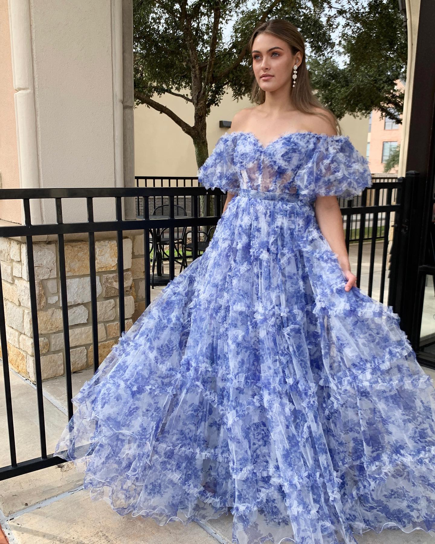 Sydney| Off the Shoulder Blue Floral Print Ruffled Tulle Prom Dress - Prom Dress - DYAVOR®
