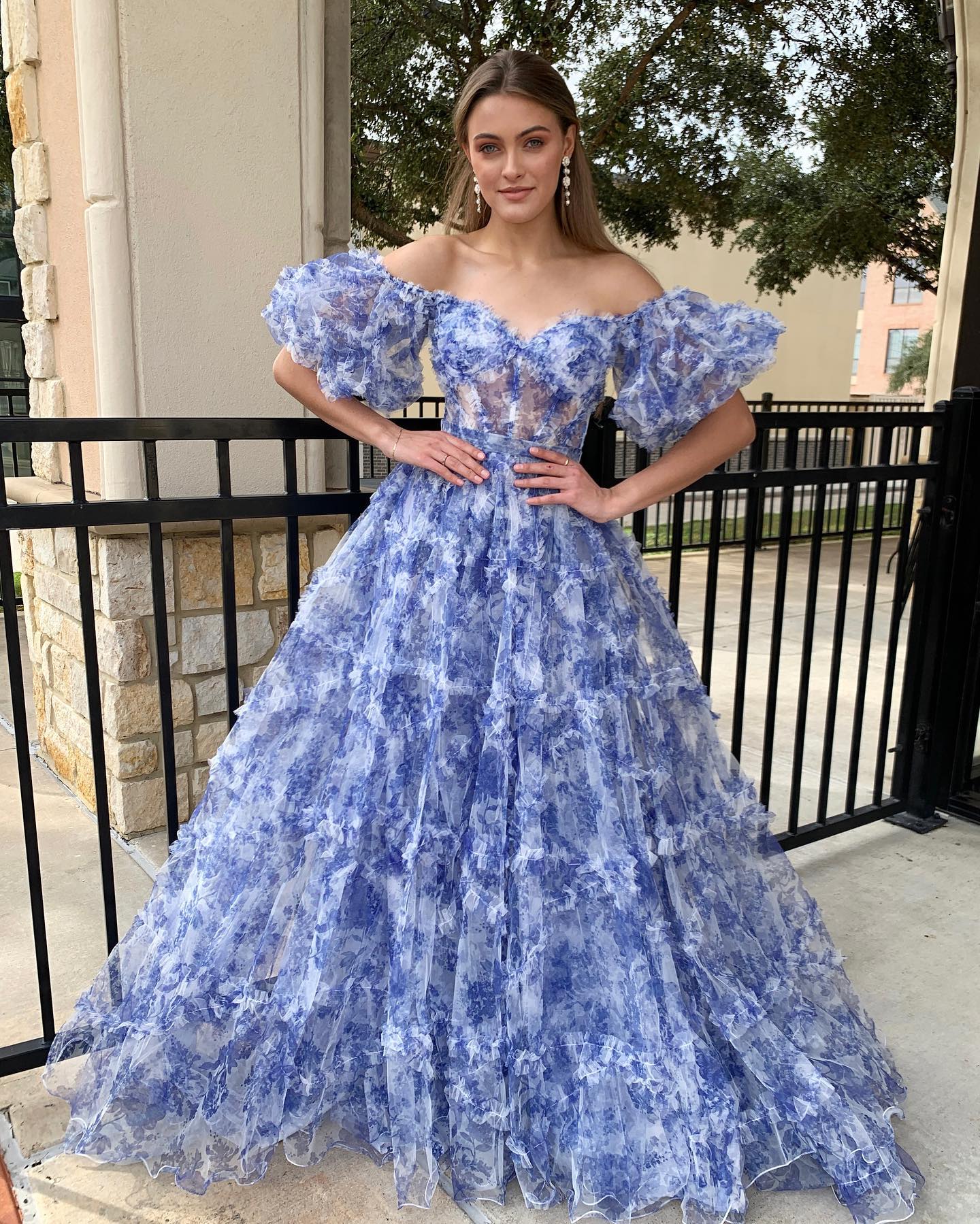 Sydney| Off the Shoulder Blue Floral Print Ruffled Tulle Prom Dress - Prom Dress - DYAVOR®