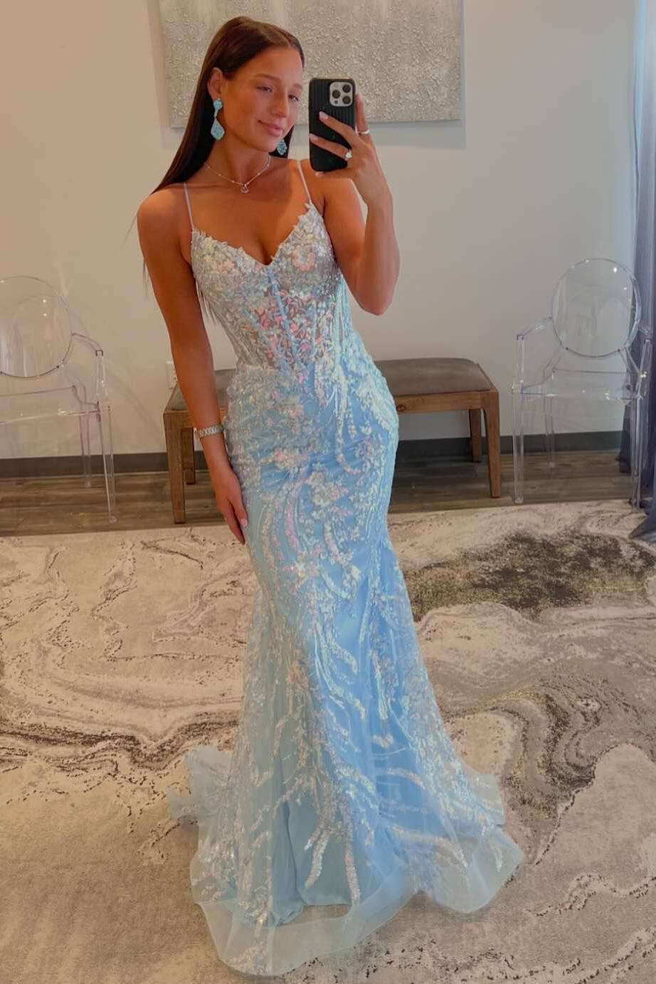 Margaret | Straps Light Blue V-Neck Sequin Appliques Mermaid Prom Dress - Prom Dress - DYAVOR®