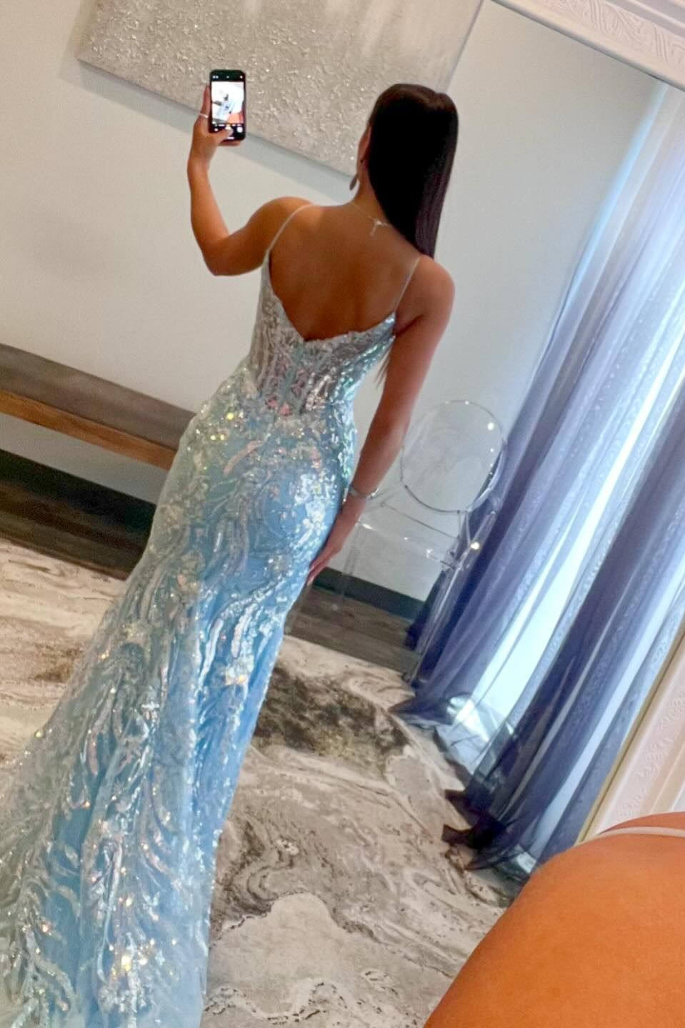 Margaret | Straps Light Blue V-Neck Sequin Appliques Mermaid Prom Dress - Prom Dress - DYAVOR®