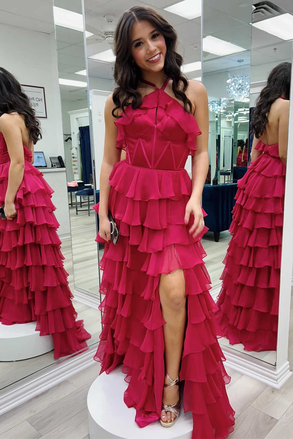 Halter Keyhole Ruffle Tiered Prom Dress with Slit - Prom Dress - DYAVOR®
